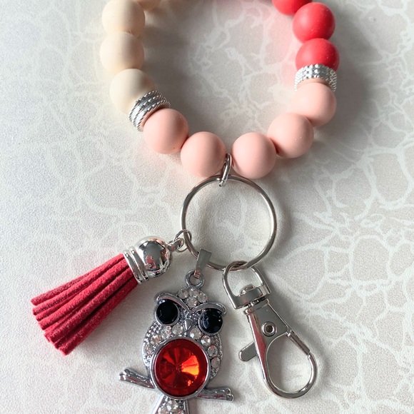 Chic Pink and Red Beaded Keychain wristlet bracelet with Tassel - Picture 1 of 6